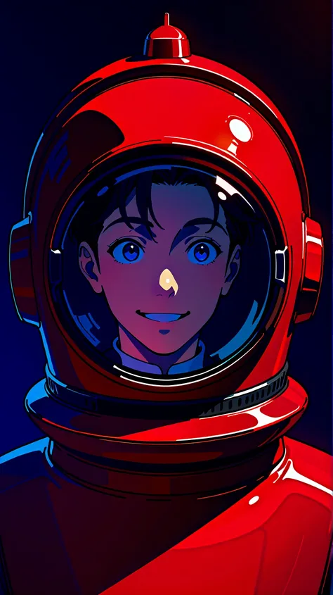  On a plane close to , frontal, fantastic. A boy is wearing a diving helmet that houses a universe of imaginary beings that float inside the helmet and around the 's head as if it were a fish tank. the , happy,  looking directly into the camera .
