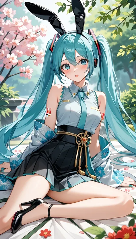 (((Hatsune Miku)))、(((ponytail)))、((( Sleeveless Kimono )))、(((black skirt)))、((Bunny ears))、 Ulchan-6500-v1.1, ( RAW photos :1.2),  beautiful detailed , very detailedな目 美しい目, beautiful eyes、large file size, Hi-Res, very detailed, Best Quality, [masterpiec...