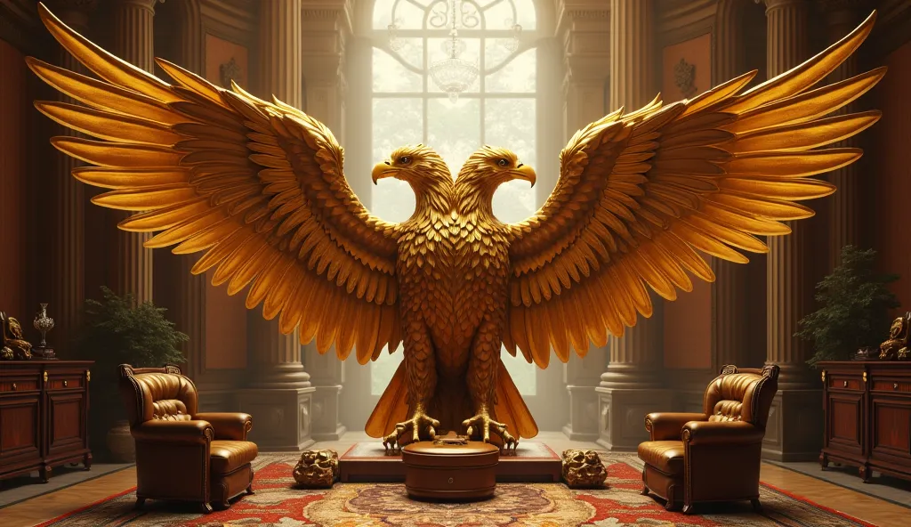 ULTRA-REALISTIC IMAGE of a gigantic golden double-headed eagle, with wings open a luxurious office room.  convey depth .