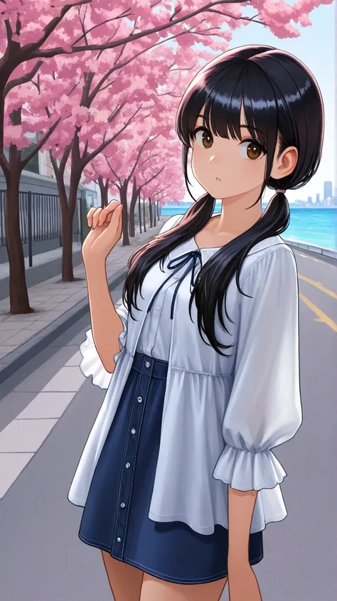 masterpiece, 1girl, blouse, skrt, black hair, low twintails, long hair, long sidehair, brown eyes, ribbon, pink plum tree, (downhill slope:1.2), sidewalk, road, cityscape, ocean, sky, cowboy shot