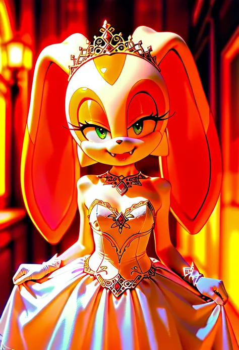 Cream the rabbit from the game Sonic with very small breasts and wearing a sexy princess dress with a crown on her head and wearing a strapless dress and with a neckline showing her tits in a medieval city and looking with a naughty face with a smile showi...