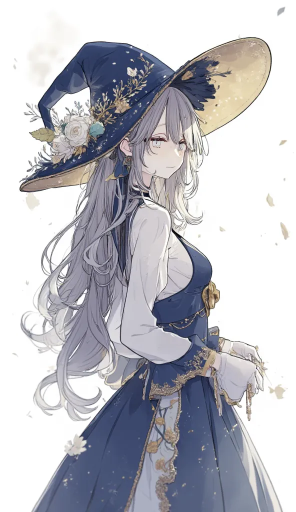 anime girl with a witch hat , The Herta,  detailed key anime art,  splash art anime girl, beautiful and slim girl,  key art feminine, fine details. her eyes are dull and white. The background is white. full body view