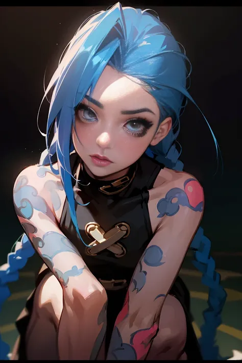 1girl, blue hair, ready to fight, best art, high details, high quality, perfect , dynamic, jinx, league of legend. Masterpiece, Jinx from Arcane, flirty expression, dress, crouching, secret lair background, intricately detailed background, (UHD, 8K wallpap...