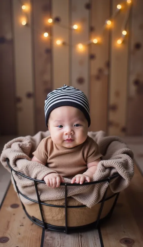 A real baby sitting inside a cozy basket. The baby is wrapped in a soft, brown blanket and is wearing a black-and-white striped beanie. The background features warm wooden panels adorned with soft, glowing string lights, creating a warm and serene atmosphe...