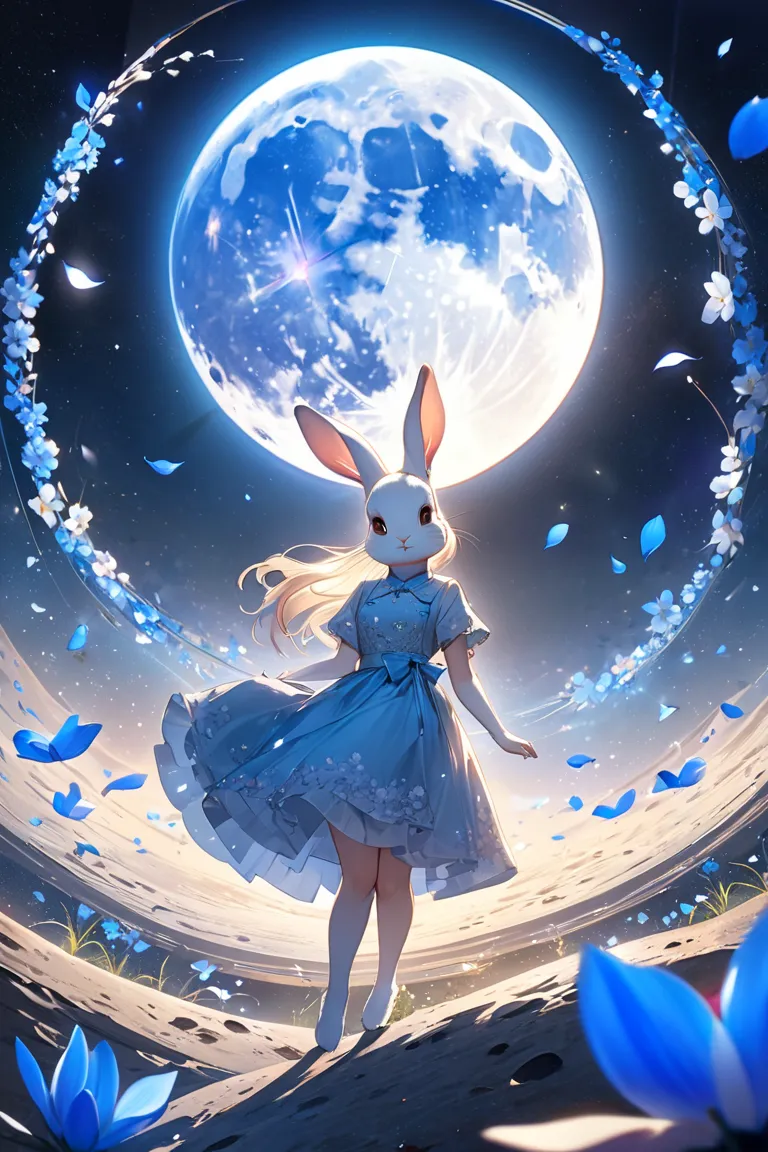 Mysterious picture of a rabbit on the surface of the moon、
A rabbit is on an unmanned lunar surface、Rabbits are looking at the blue earth shining beautifully in the distance as seen from the surface of the moon、A picture of a rabbit on the surface of the m...