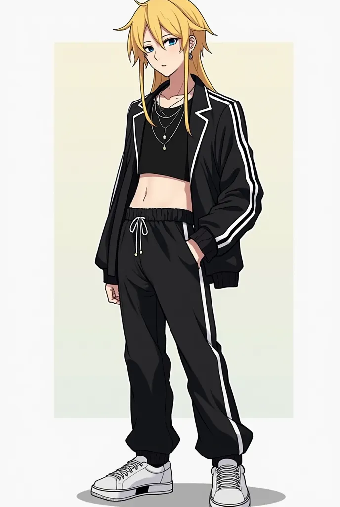 A boy omega man,  with long blonde hair , with heterochromatic eyes between blue and gray, With a mole under my eye, thin and short, that wears a black dress jacket with white stripes and a black crop top, black dress pants with white stripes and white sne...