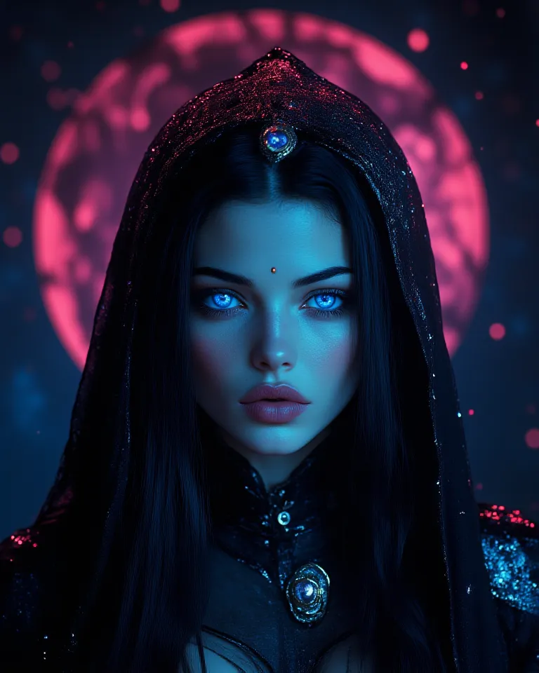  a woman, Alone, Alta resolución, masterpiece,  Precise, the best quality, Detail, Details altos, quality, Very detailed, high quality, UHD, Textured skin,  retina, Model HD, Woman with American features, wearing a BLACK ARAB WITCH COSTUME. The hair should...