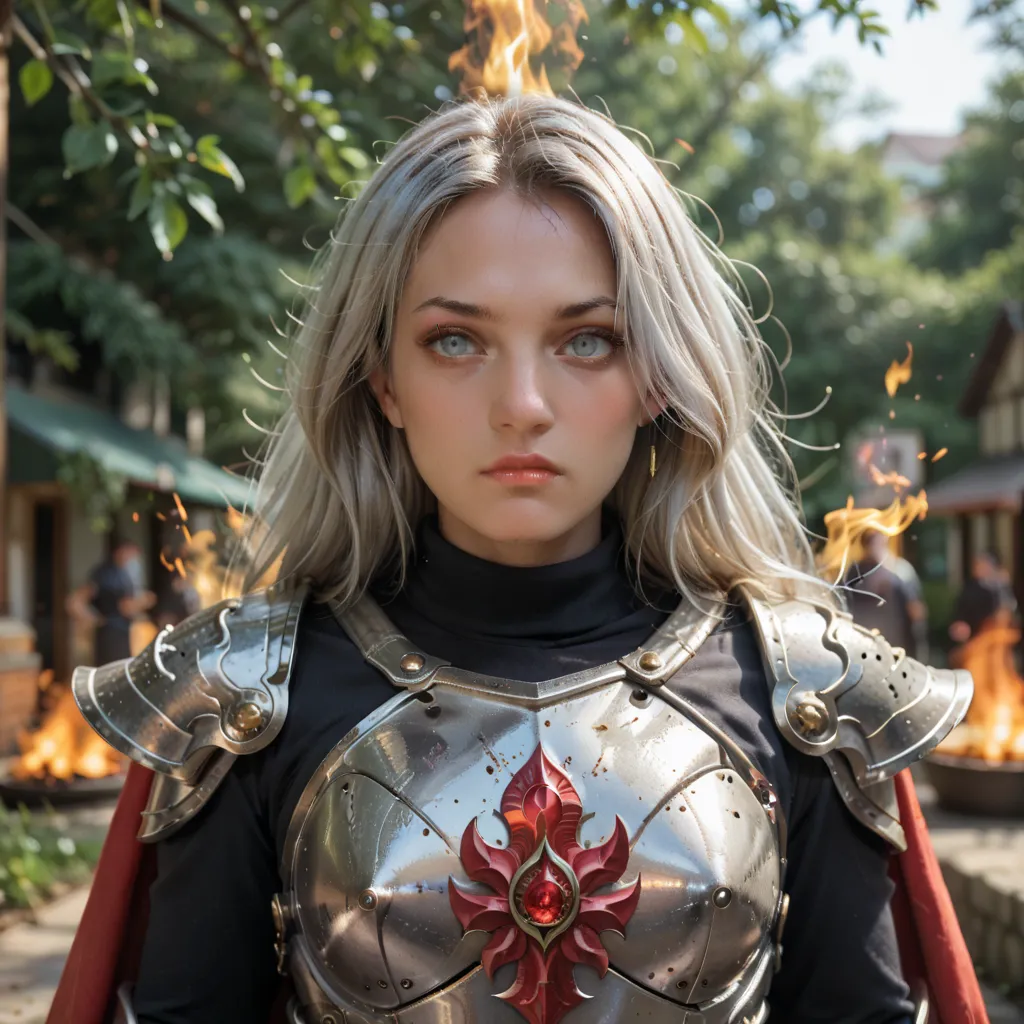 A woman defecating ((super fine illustration, 8K, masterpiece :1.2,  sharp focus :1.2,  depth of field:1.2)), Beautiful swordswoman,  absurd, Highly detailed face and skin texture, silver hair, jet black armor, flame armor, cape engulfed in flames, sword e...