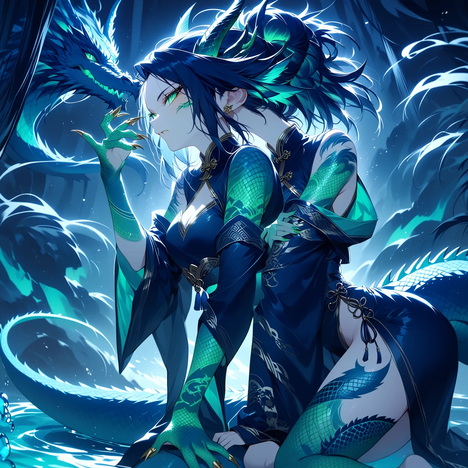 Girl is hybrid of the dragon. She has indigo blue/black straight shoulder-length hairstyle, her bangs are pinned up and pulled back. She has green jade eyes with narrow pupil . she has 4 curved branched horns are located on the forehead. She has long point...