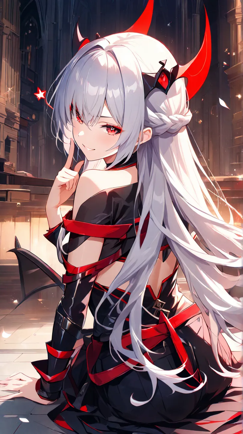 (Best Quality, ), beautiful woman ( red eyes、 Silver Hair), elements、Dark sister in clothes，well-groomed face、perfect fingers( beautiful hands and fingers )confident smile、(holding a bow、wink、Overlook)、solo, long hair, chest, looks at one woman,  back view...