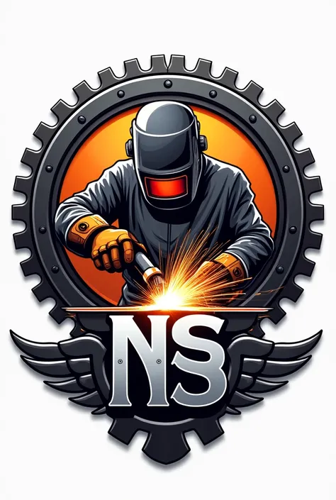 "A professional welding logo featuring a skilled welder in protective gear, actively welding metal with sparks flying. The background includes bold, industrial-style letters 'NS'. The base of the logo incorporates a large metallic gear. Surrounding the des...