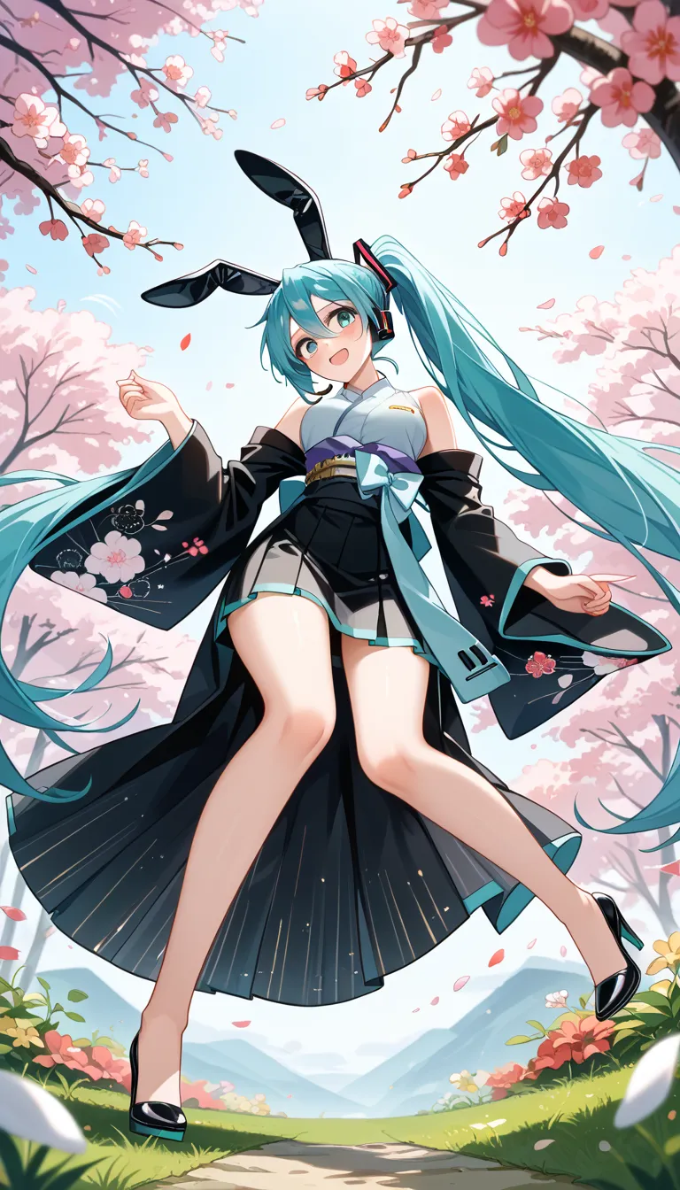 (((Hatsune Miku)))、(((ponytail)))、(((Short-sleeved kimono)))、(Japanese style)、(((black skirt)))、((Bunny ears))、 Ulchan-6500-v1.1, ( RAW photos :1.2),  beautiful detailed , very detailedな目 美しい目, beautiful eyes、large file size, Hi-Res, very detailed, Best Qu...