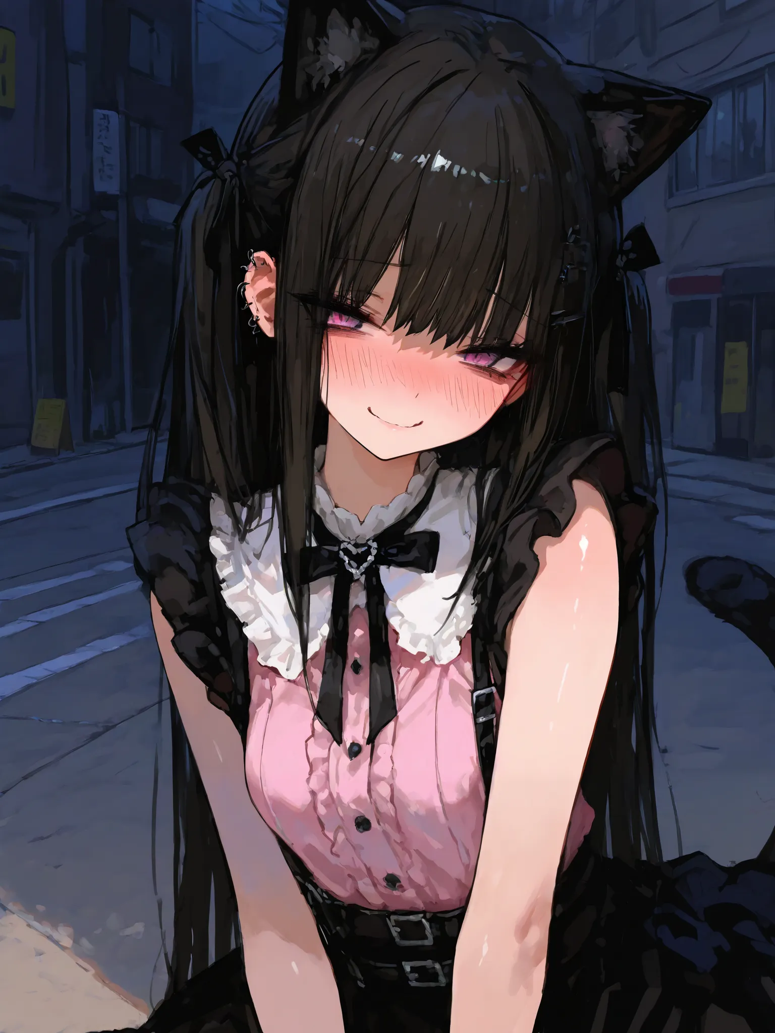 Masterpiece, (best quality), 4k, 8k, flawless, detailed, small street, 1girl, catgirl, (Jirai Kei), amazing beauty, shy smile, blushing small breasts, detailed eyes, (detailed background:0.9), shiny skin, 748cmstyle