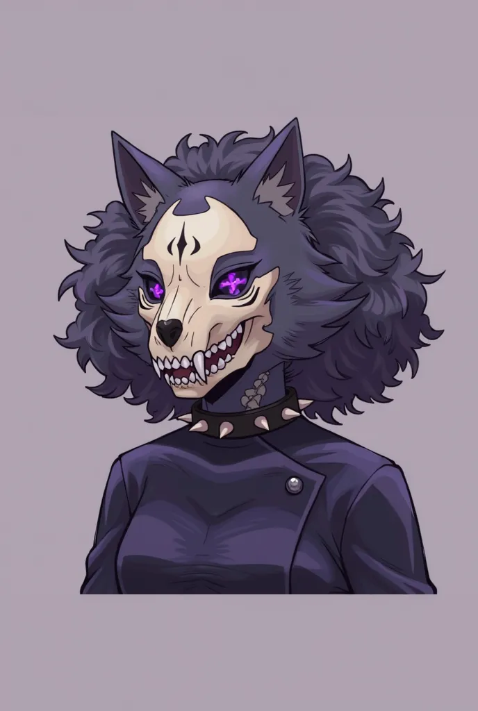 Character from Boku no Hero Academia, feminine gender, medium curly and dark purple hair, anthropomorphic appearance of a wolf with a wolf's skull on its face, black eyes with bright purple pupil, quirk moonlight. 