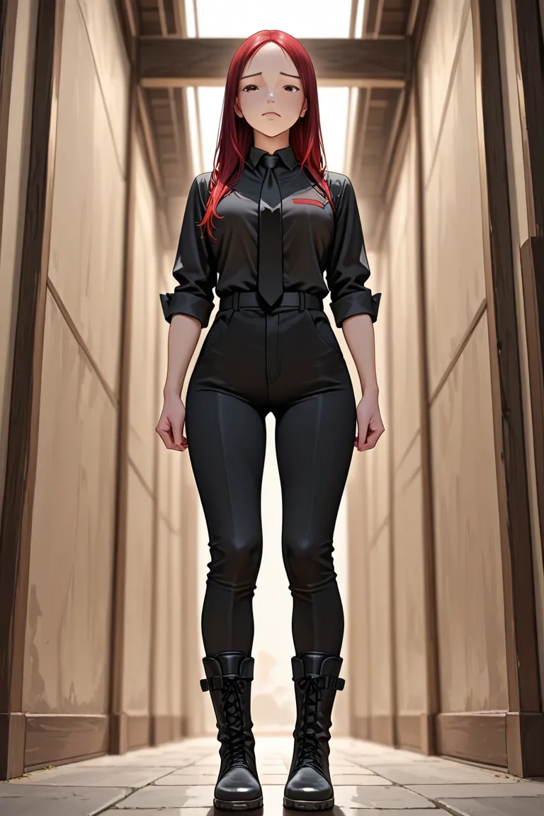 A ninja in red ninja style clothing,with black pants and wearing a black tie around the elbows, With long hair tie your feet, no bangs, wearing a black contoured boot, standing looking down while eyes fill with tears