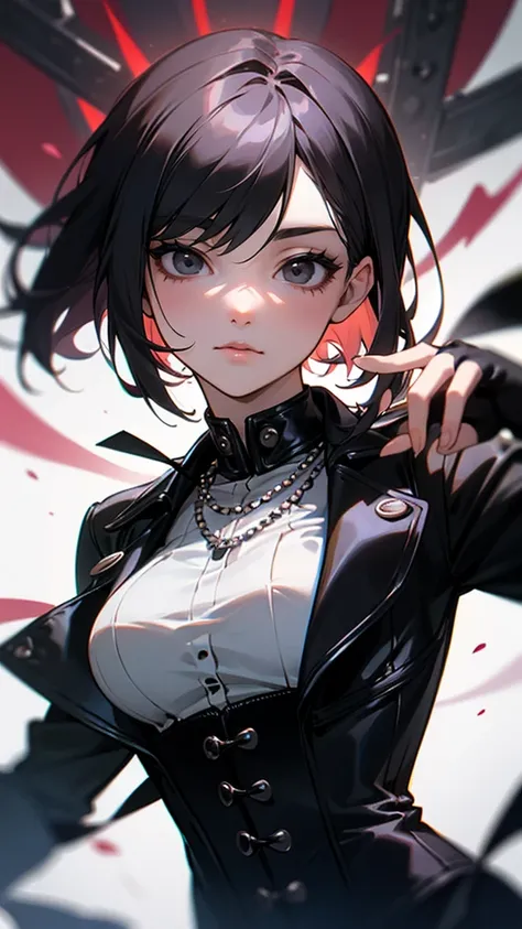 Cool women、Rize from Chainsaw Man、beauty、Yandere、、Face close-up、Kiss with your eyes closed、Chest tattoo、Christian Dior Necklace、(dark white, dynamic angle)、(black hair, black eyes)、((black corset, leather jacket, black fingerless gloves, black turrtleneck,...