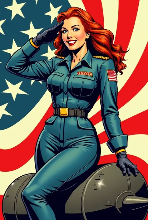 Comic Book Pop Art Print, Roy Lichtenstein Style, Retro Wall Art,team america, stars and stripes flag, patriotic, Poster full body USAF, bomber art, WWII, redhead riding a bomb, smiling, breasts, salute