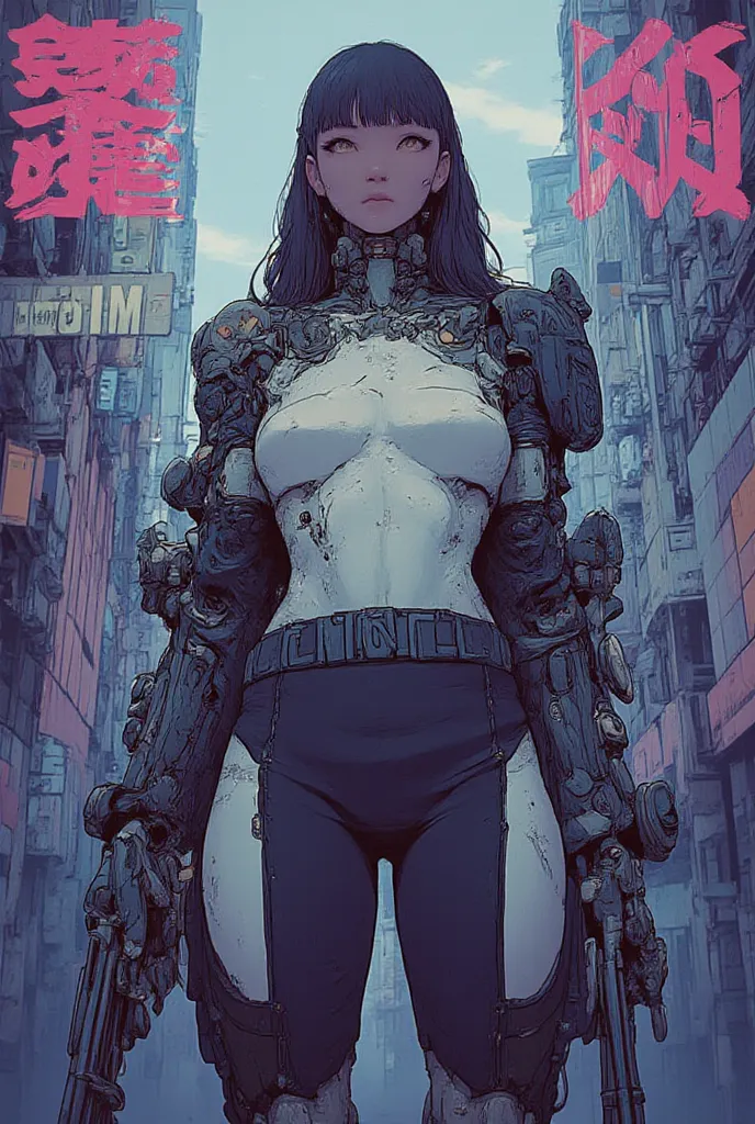 A sexy cyborg woman. cyberpunk. Cybernetic components. cyberpunk clothing  . Queue de cheval et frange. huge drooping chest. A very wide neckline. ville dystopique. She is armed with a sniper sniper rifle. She is wearing sexy cybernetic armor and fishnet s...