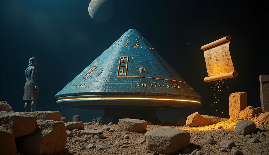 Hyper-realistic 8K scene with a dark backdrop and dramatic lighting. A triangular alien ship hovers over ancient stone ruins, with glowing hieroglyphs on its surface that replicate symbols from the Book of Enoch. On the left, a Nephilim hybrid (a giant wit...