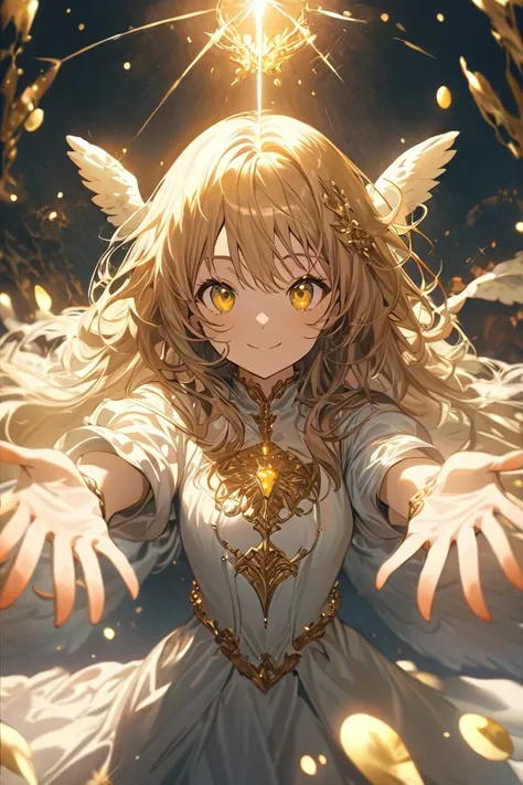 ((((  masterpiece)))), (((( Top Quality)))),  Hi-Res,fine grain, detailed face,,指の本数が正like,1 girl,  Gold, Angel, yellow eyes,smile, I fly through the sky ,Reach Out,Light from above ,god々like,fantasy,anime,