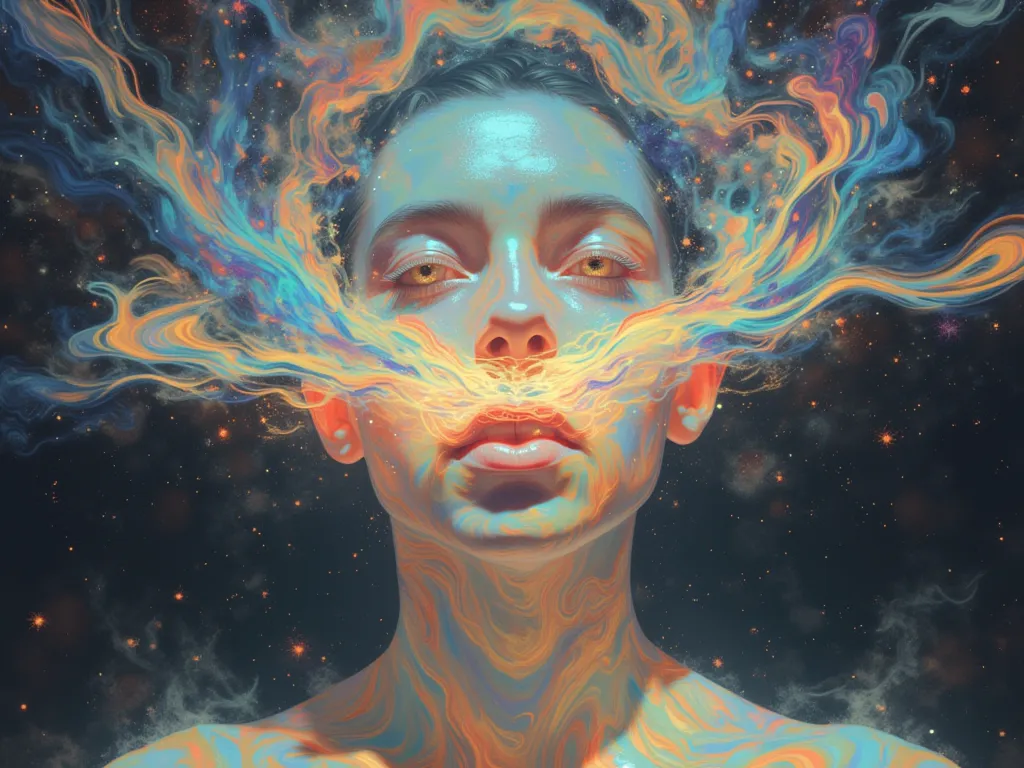 A human face sending energy waves through the mouth and forming a cosmic vortex, representing the creative power of the words.