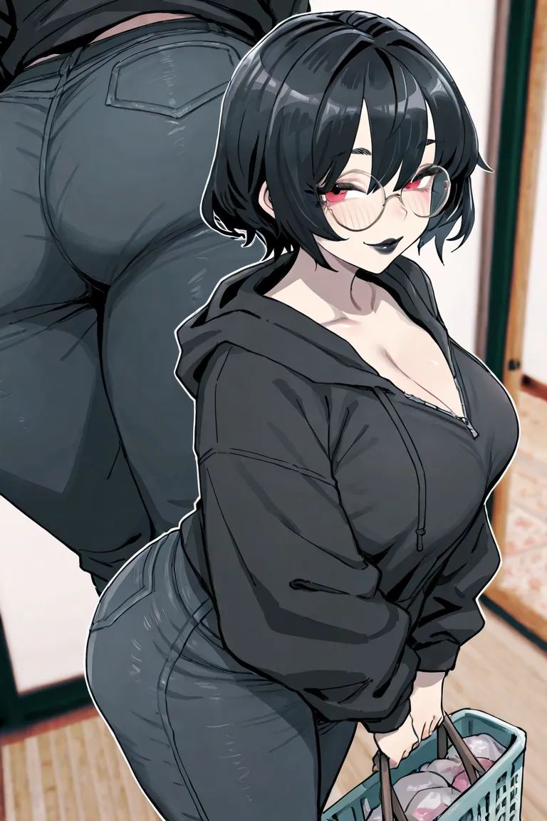 Deadflow rule34 artstyle, 1 girl, mature female, asian woman, large breasts, large round butt, curvy, red eyes, black eyelashes, messy medium black hair, wolfcut hair, black lipstick, black hoodie, cleavage, tight black jeans, baggy sleeves, round glasses,...