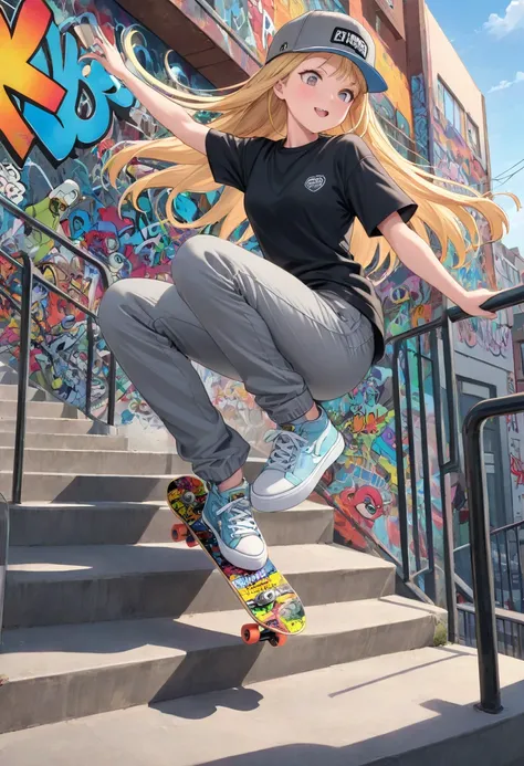 young skater girl, blonde, long hair, light blue sneakers, gray cargo pants, black t-shirt, gray cap, skateboard with shape with print of comic book characters, doing a Flip on the staircase railing, street skate background with hip hop graffiti