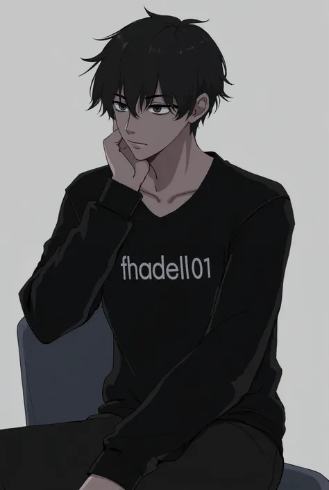 A half-body anime man sitting on a chair wearing a black shirt with the inscription fhadell001