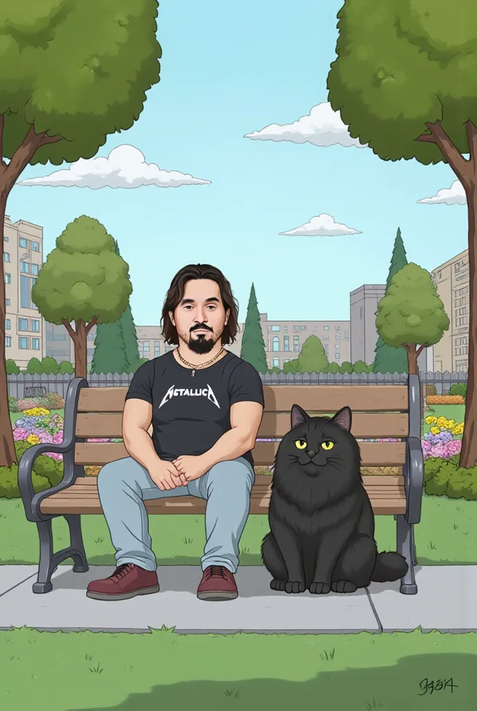 cartoon illustration in the style of The Simpsons , featuring a young man with shoulder-length wavy dark hair and a neatly trimmed beard and mustache. He has striking grey eyes that stand out against his warm skin tone, exuding a calm yet adventurous vibe....