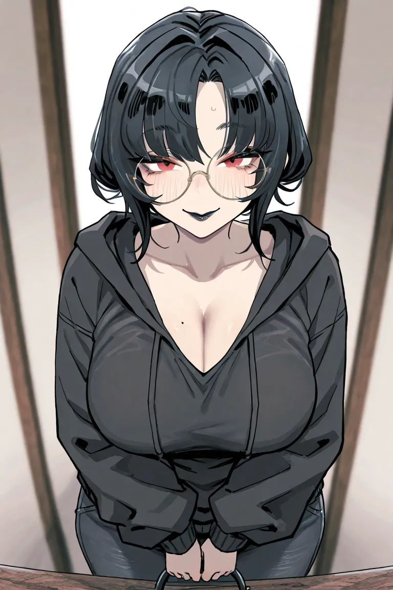 Deadflow rule34 artstyle, 1 girl, mature female, asian woman, large breasts, large round butt, curvy, red eyes, black eyelashes, messy medium black hair, wolfcut hair, black lipstick, black hoodie, cleavage, tight black jeans, baggy sleeves, round glasses,...