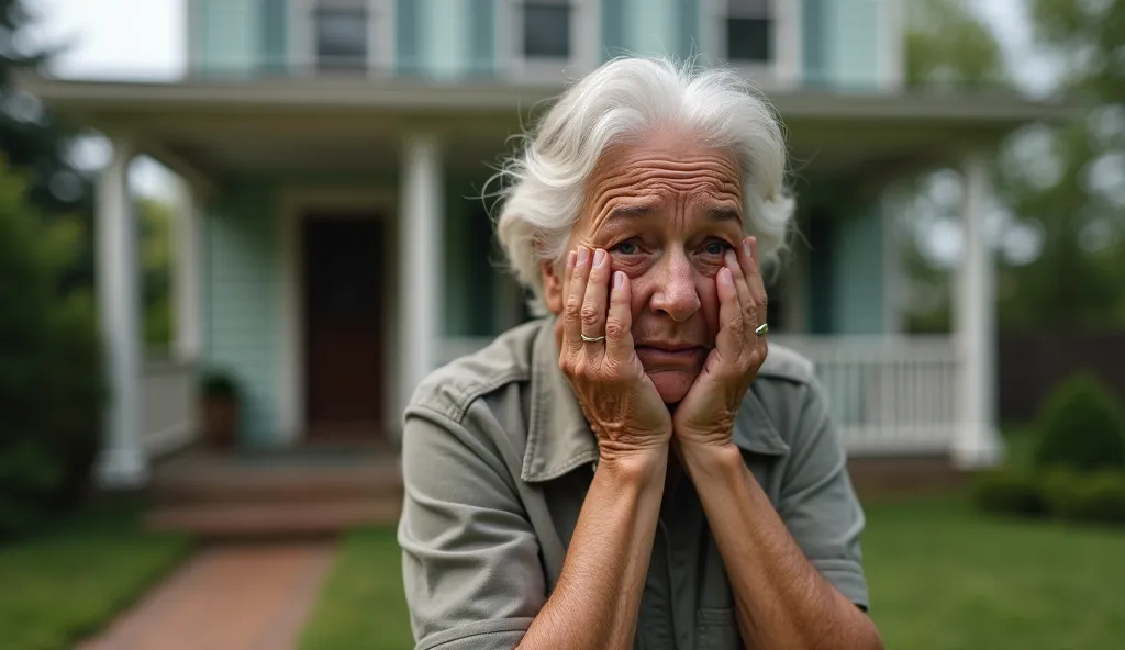 A realistic, emotional scene of an elderly woman standing in front of her traditional American home, tears streaming down her face as she reacts to something she has just witnessed. Her expression is filled with sorrow and disbelief, her hands trembling sl...