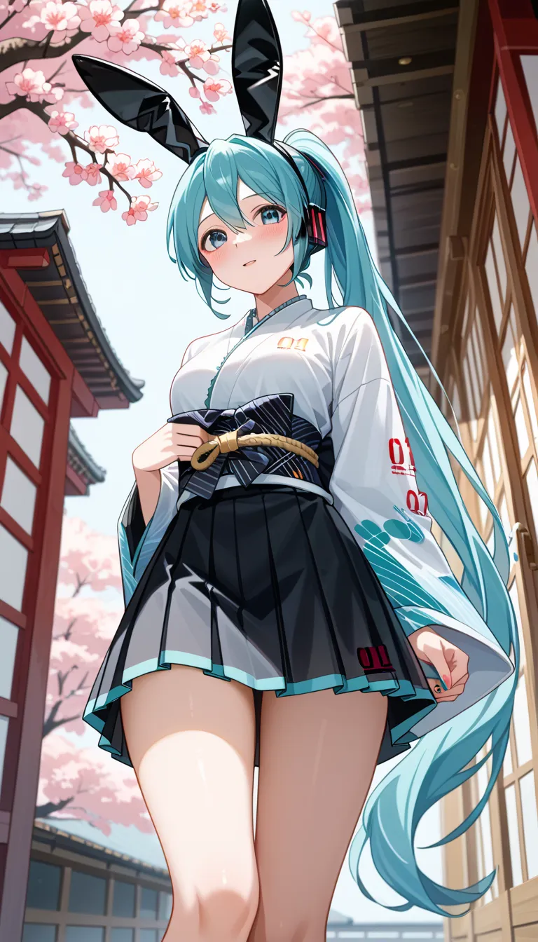 (((Hatsune Miku)))、(((ponytail)))、(((Short-sleeved kimono)))、(Japanese style)、(((black skirt)))、((Bunny ears))、(((Close-up)))、 Ulchan-6500-v1.1, ( RAW photos :1.2),  beautiful detailed , very detailedな目 美しい目, beautiful eyes、large file size, Hi-Res, very de...