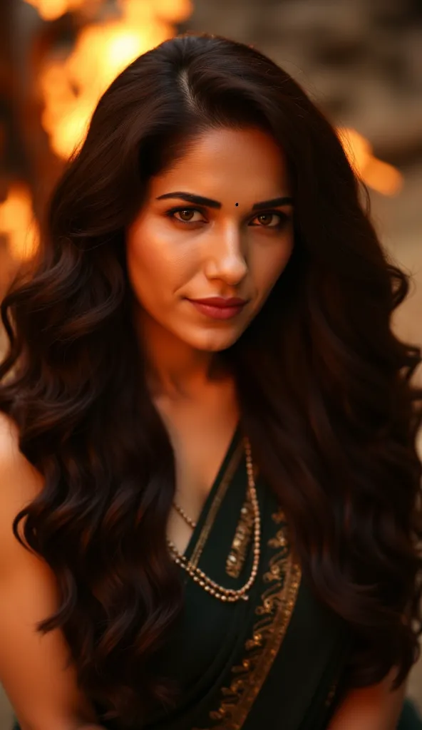 A long black haired Indian woman with brown eyes and flame background, cinematic shot, serious look. Long shot.