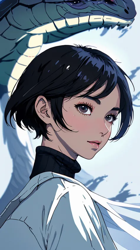  Potrait of a black short haired anime woman wearing white turtle neck