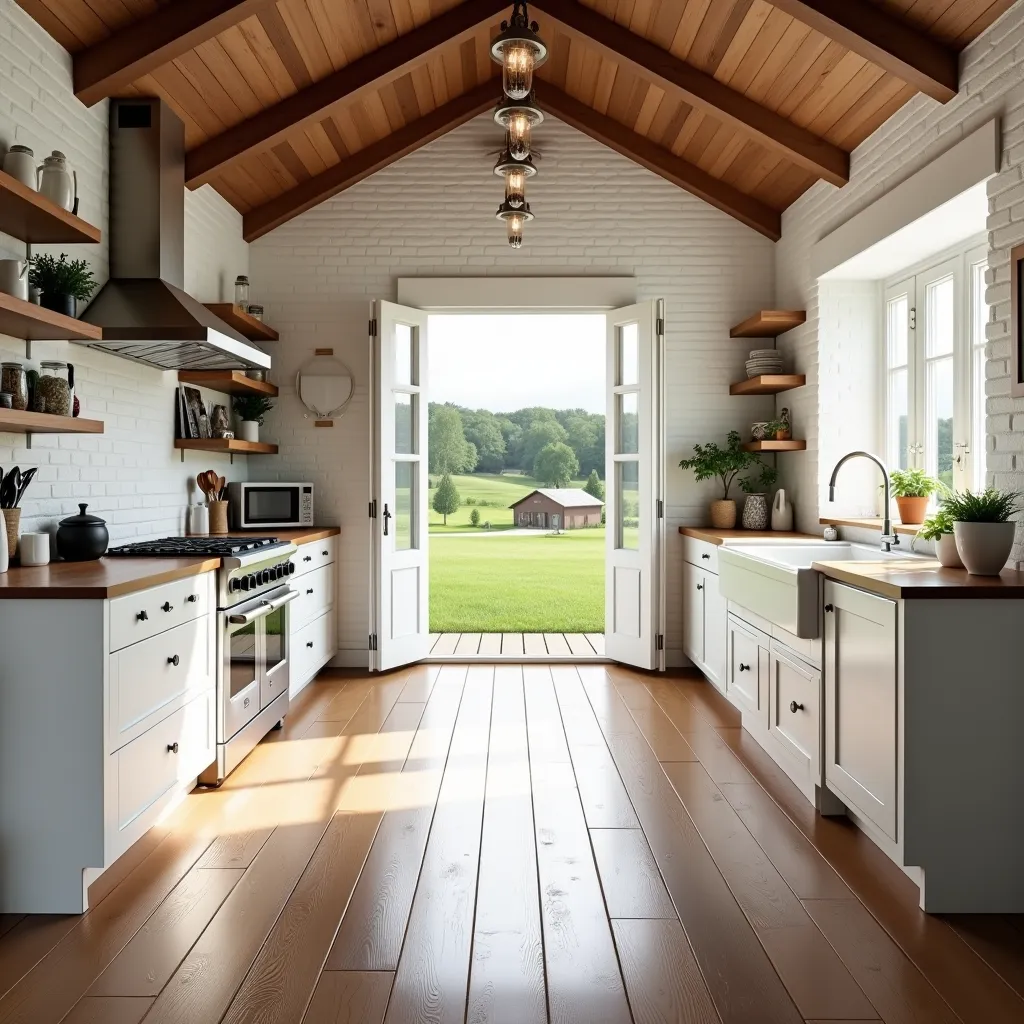 create an image, showing a rustic kitchen in white colors. polished wood floor. The wall is white brick. The ceiling is vaulted with exposed wood beams, There are some wooden shelves on the wall holding various kitchen items, and potted plants. In addition...