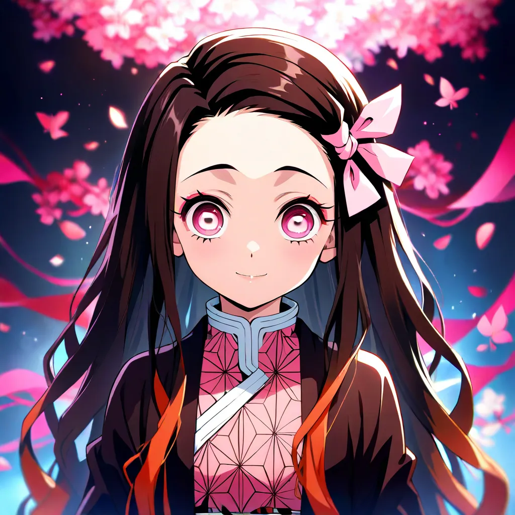 Create a highly detailed and accurate image of Nezuko Kamado from Demon Slayer. Nezuko has long, flowing dark brown hair with a gradient of reddish-pink at the ends, which is tied into a loose, side ponytail with a pink ribbon. Her eyes are a vibrant shade...