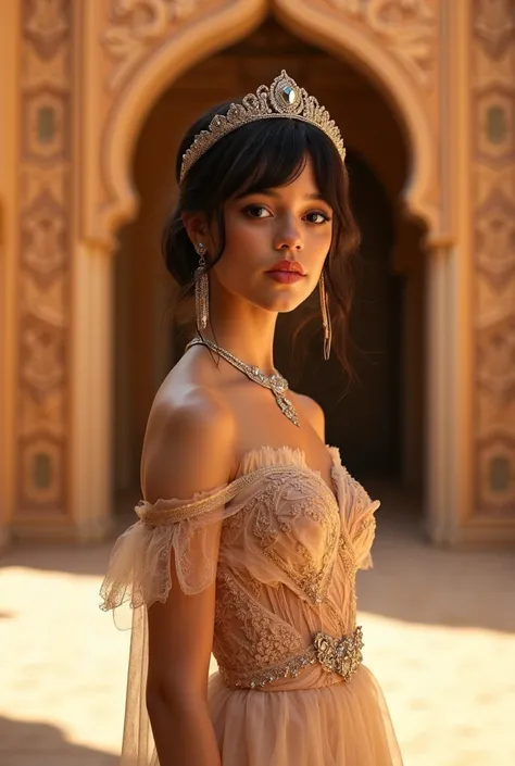 fantasy, Jenna Ortega; 1woman,  in a sandy palace in the desert, princesaa, a tiara,  bun hair 