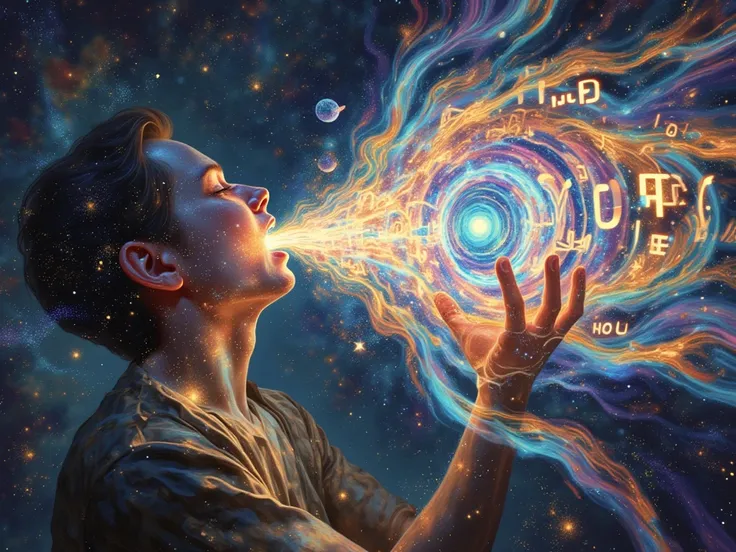 "A surreal and vibrant image of a human figure with their mouth open, releasing a cascade of glowing, colorful words that transform into a swirling galaxy of stars, planets, and cosmic energy. The background is a deep, mystical space with shimmering nebula...