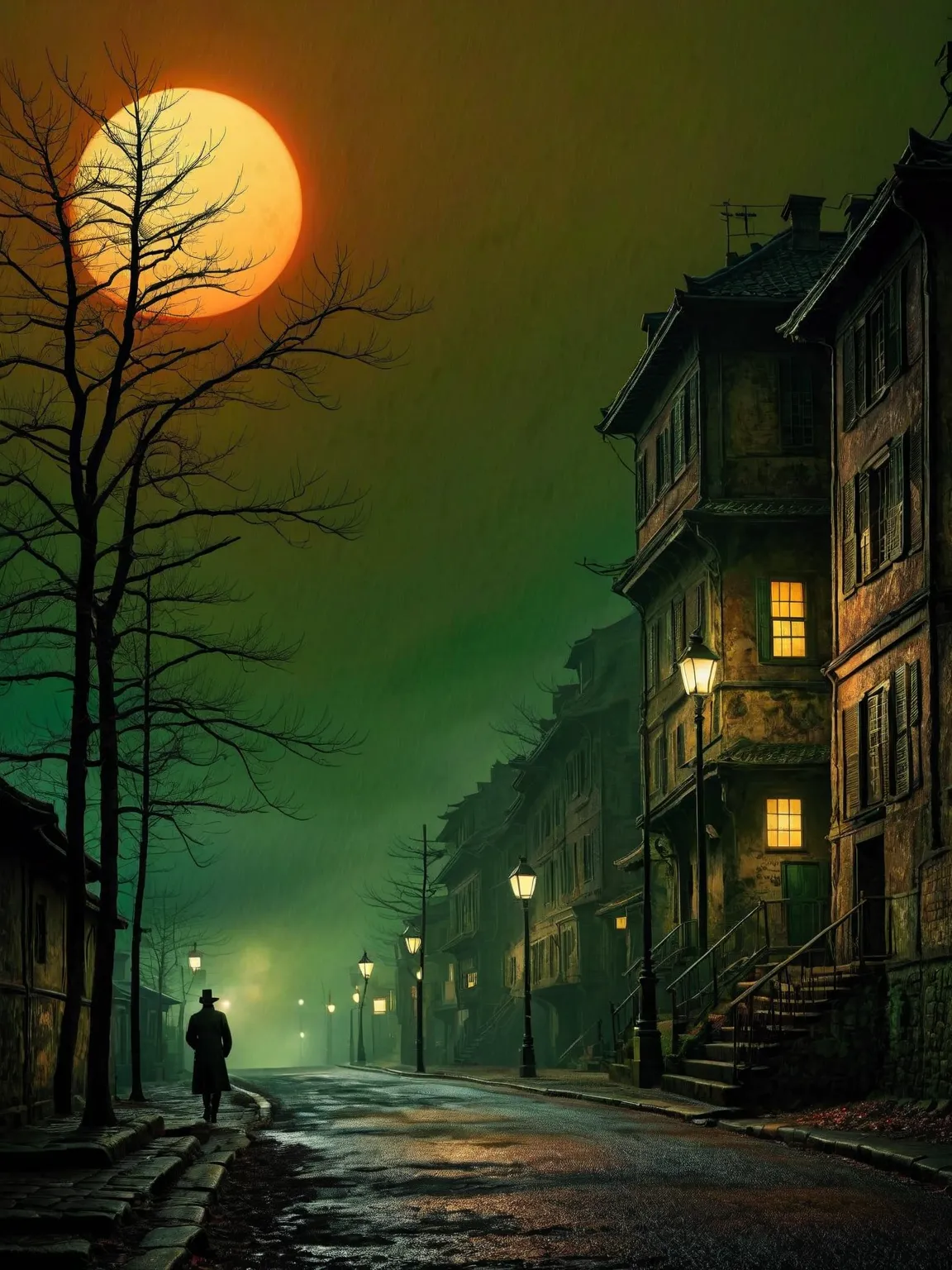 Silent Hill is a cursed city. Forgotten, dark, scary shadows in the city. In the style of Ralph Blakelock, Ed Emshwiller, Marianne Wroten, Arthur Rackham. Very beautiful, gouache, cinematic, dark, creepy, mysterious, modern vintage, rich deep colors, boho ...