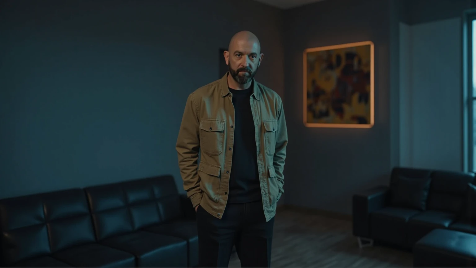 a bald man with short beard stands in the minimalist interior, positioned near a sleek black sofa. He gazes forward with a calm yet intense expression, his body slightly angled.