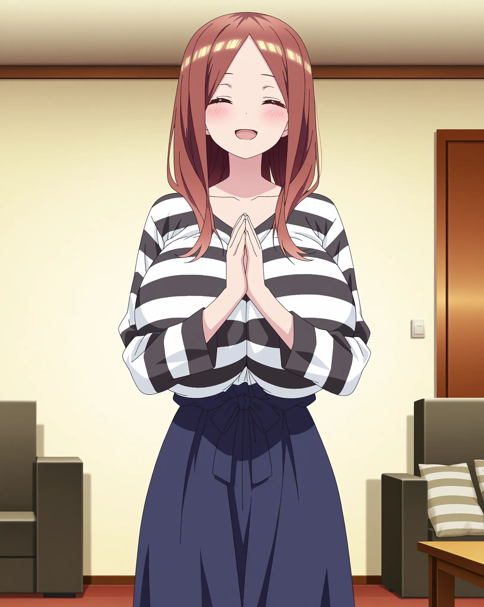 score_9, score_8_up, score_7_up, source_anime, anime coloring, anime screencap, 1 girl, solo, Miku Nakano, long hair, forehead, brown hair, closed eyes, parted bangs, excited smile, opened mouth, white beautiful skin gigantic breasts, collarbone, standing,...