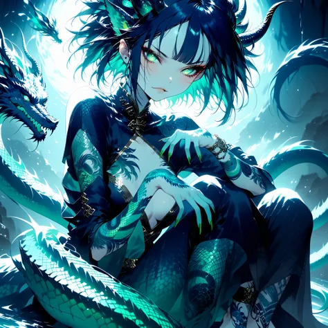 Girl is hybrid of the dragon. She has indigo blue/black straight shoulder-length hairstyle, her bangs are pinned up and pulled back. She has green jade eyes with narrow pupil . she has 4 curved branched horns are located on the forehead. She has long point...