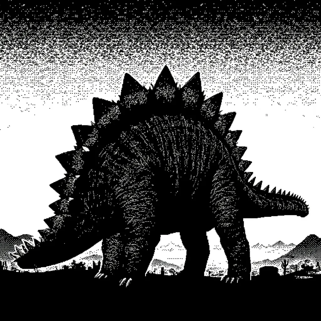 Stegosaurus, dinosaur, black and white, monochrome, side view, pixel art