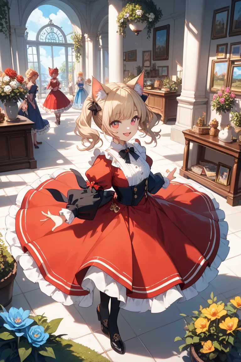 aName : Nanami 
Illustration style: fantasy painting style 
Main color: red 
Accent color: golden 
Race and Gender: humans/women 
age:  
Hairstyle and hair color: semi-long blond 
Outfit: loose red dress 
Pose: Play with cats gracefully in the garden 
angl...