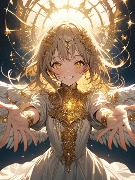 ((((  masterpiece)))), (((( Top Quality)))),  Hi-Res,fine grain, detailed face,,指の本数が正like,1 girl,  Gold, Angel, yellow eyes,smile, I fly through the sky ,Reach Out,Light from above ,god々like,fantasy,anime,