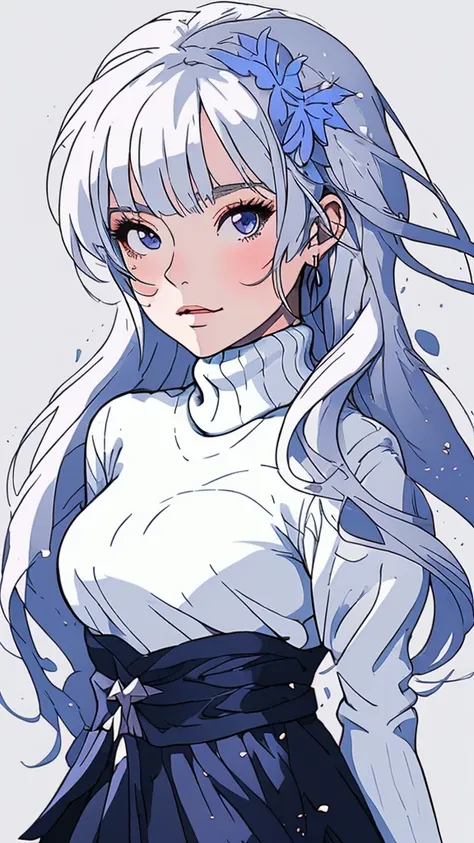 Potrait of a white haiered anime woman wearing white turtleneck