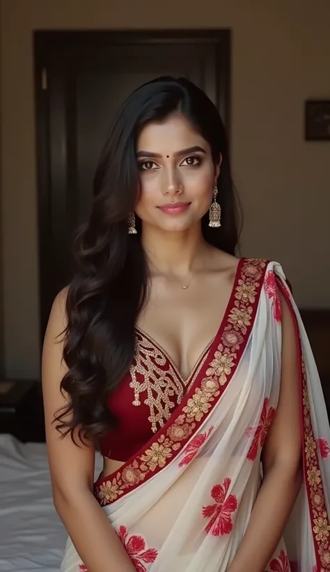 Indian married women age around 30 years wearing highly embroideried dark meroon colour glossy fully transparent chiffon deep neck blouse and red flower printed white colour glossy linen body fit designer saree wearing, Milky white skin and pink lips and l...