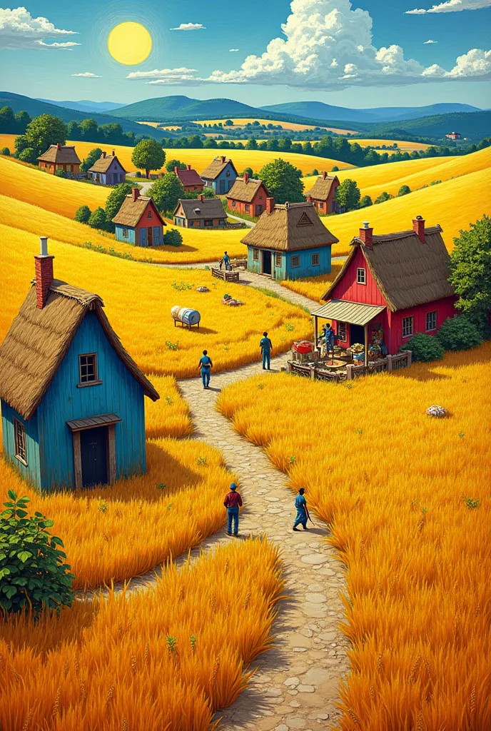 Draw a picture of a village on a hot summer afternoon with a wheat field nearby. van gogh painting 