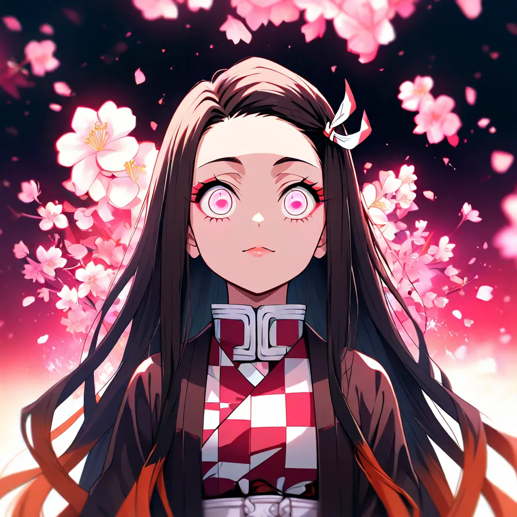 Create a highly detailed and accurate image of Nezuko Kamado from Demon Slayer. Nezuko has long, flowing dark brown hair with a gradient of reddish-pink at the ends. Her eyes are a vibrant shade of pink, with a sharp, cat-like slit in the pupils. Nezuko is...