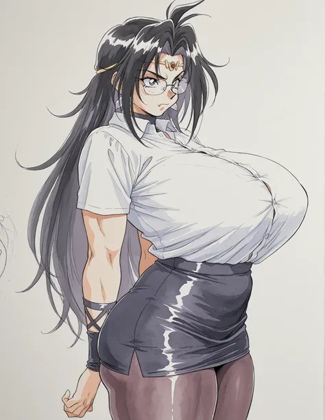 1girl, ((solo, alone)),  naga the serpent, purple eyes, retro artstyle, 1990s \(style\) , black hair, serious, fang, white shirts, button shirts, tite pencil skirt, glasses, pantyhose, teaching, huge breasts, huge butt, glamor, toned stomach, plump, curvy,...